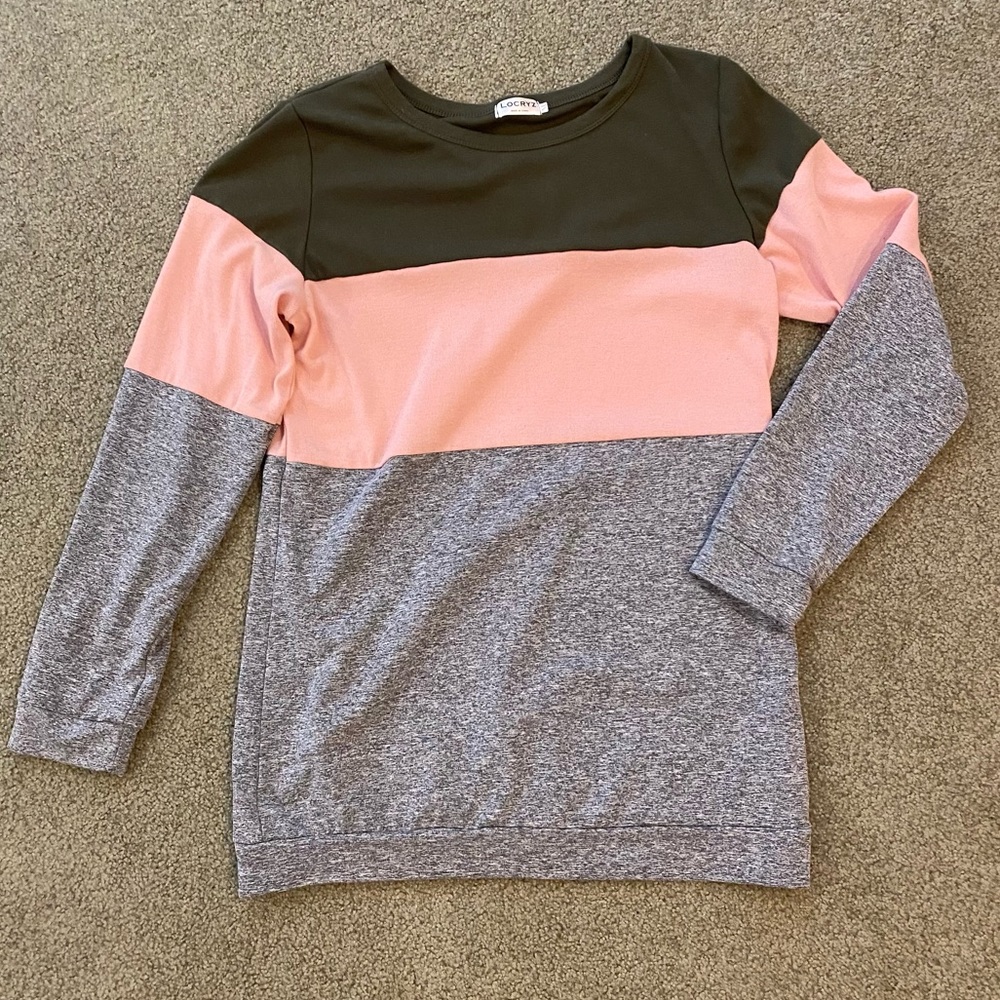 Locryz Pullover Sweater Size Medium Color Block Pink Olive